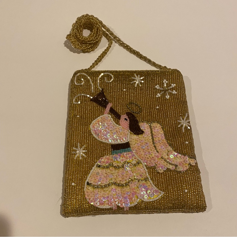 Women’s VTG Shoulder Bag Purse Heraldic Angel Holiday Glass Beads Sequins Gold